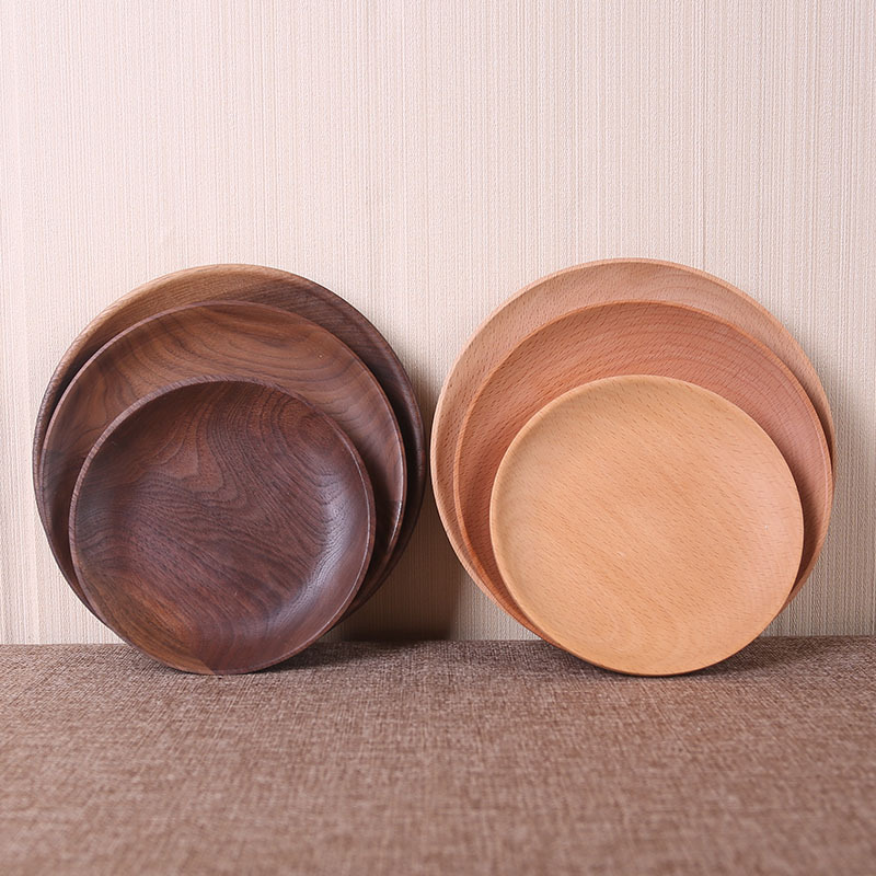 Bandeja de madera Nogal Negro bandeja redonda madera maciza desayuno postre plato de fruta seca merienda plato de madera