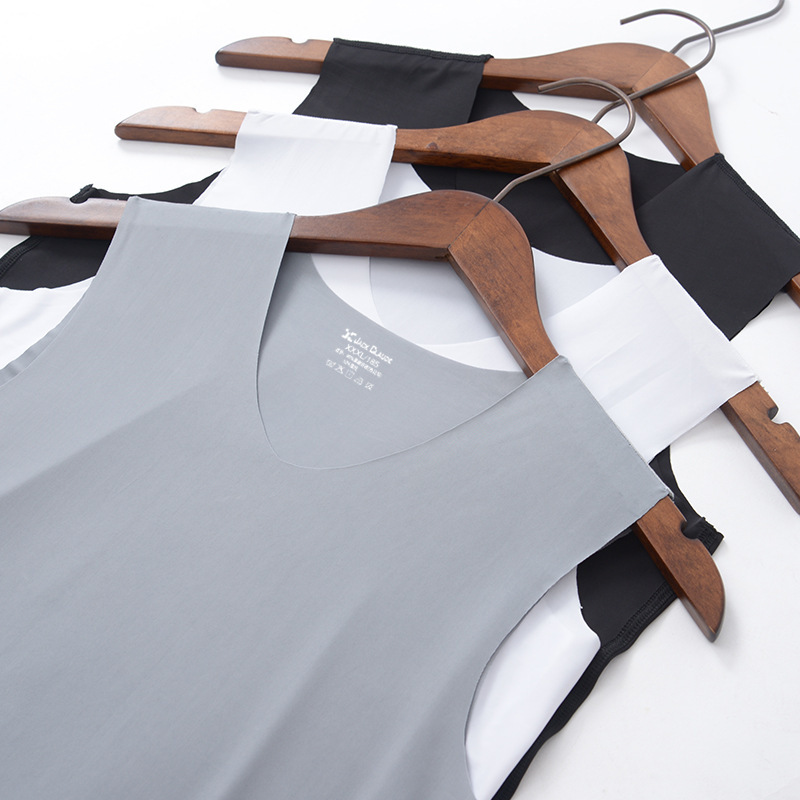 Men's Traceless Ice Silk Vest Men's Summer Thin Breathable Stretch Tight Wide Shoulder Youth Student Sweatshirt Hurdle White