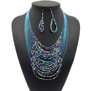 European and American fashion multi-layer beads necklace earrings set cross-border women's jewelry sweater chain necklace