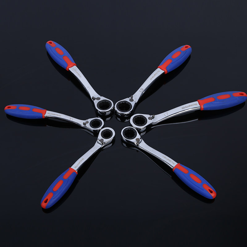 Llave de trinquete de doble propósito con mango de plástico, llave de trinquete de múltiples especificaciones, herramientas de ferretería para el hogar al por mayor.