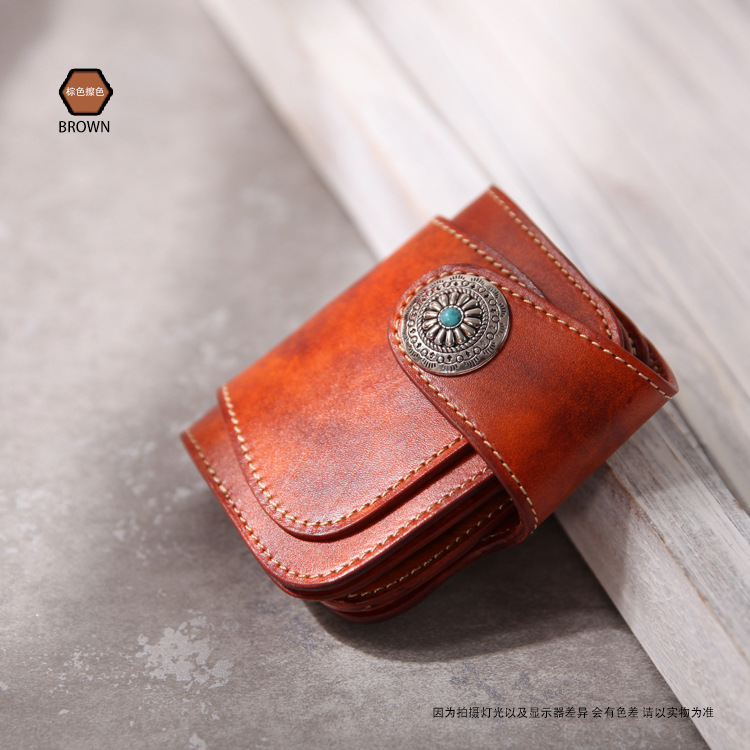 2024 en stock nuevo retro hecho a mano cuero genuino billetera de los hombres cuero curtido vegetal corto cuero turquesa un estilo Mei tela fortuna