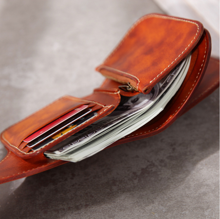 2024 en stock nuevo retro hecho a mano cuero genuino billetera de los hombres cuero curtido vegetal corto cuero turquesa un estilo Mei tela fortuna