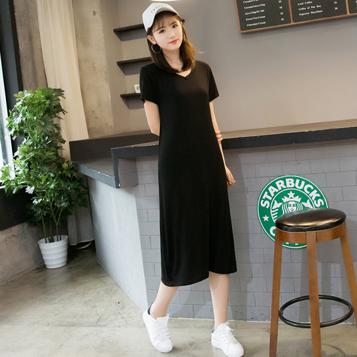 Summer Large Size Short Sleeve Dress Women's 2024 New Small Black Dress Summer Slimming Modal Long Dress Pure Desire