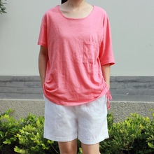 T9359 女式个性长短袖不对称下摆纯色不规则拼接设计 纯棉T恤