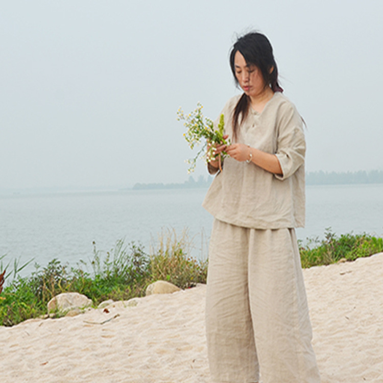 2017夏原创手工盘扣宽松圆领套头七分袖棉麻女装文艺上衣小衫