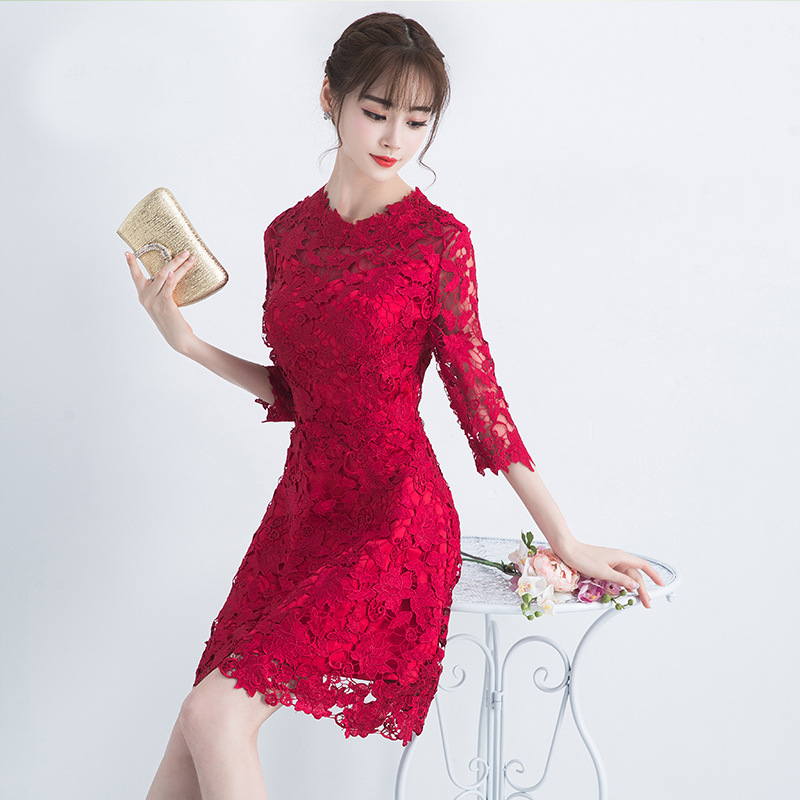 Burgundy summer fashionable fitted short evening dress for bride