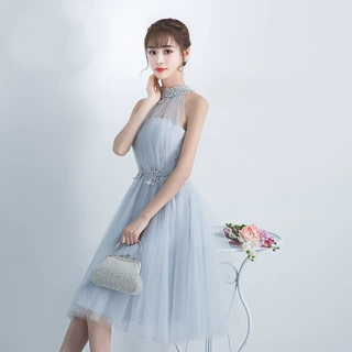 晚礼服2024新款时尚修身宴会聚会挂脖连衣裙女夏礼服裙灰色中长款