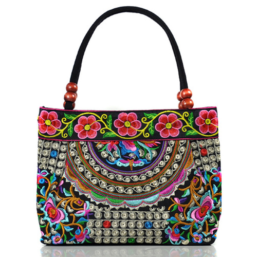 Original ethnic-style canvas embroidered bag with bell for the ancient road, Yunnan, wholesale women's handbag, small tote bag with embroidery and wooden bead trim