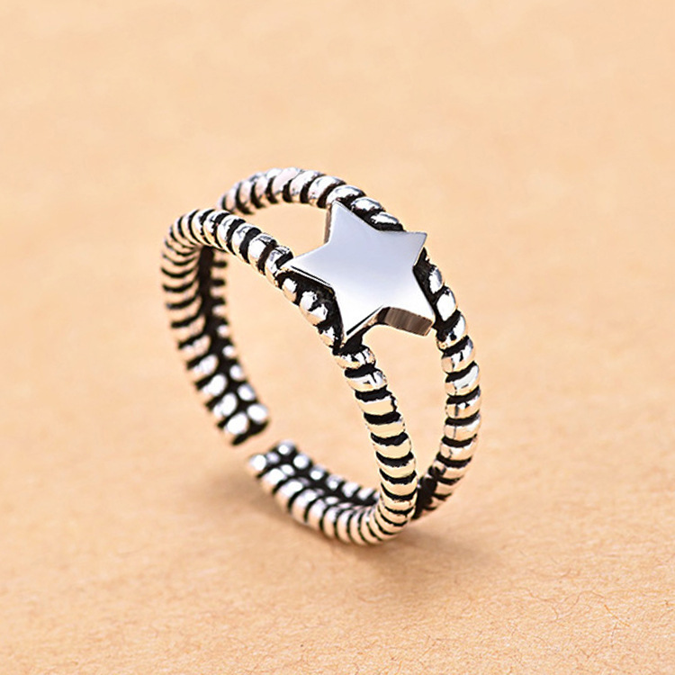 Qiao Lanxuan stars retro European and American rock art style Thai silver plain silver five-pointed star opening ring ring ring wholesale