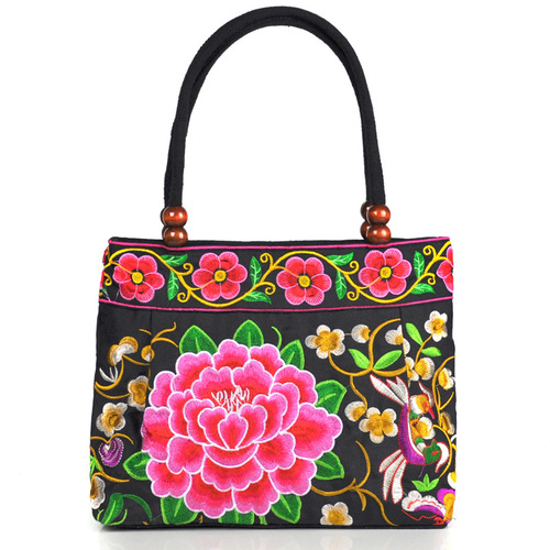 Original ethnic-style canvas embroidered bag with bell for the ancient road, Yunnan, wholesale women's handbag, small tote bag with embroidery and wooden bead trim