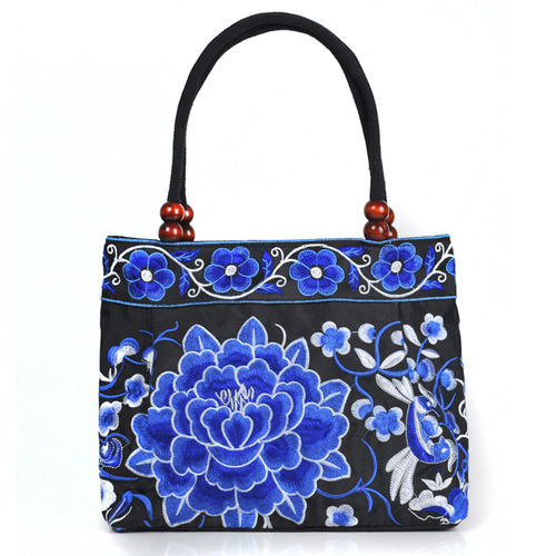 Original ethnic-style canvas embroidered bag with bell for the ancient road, Yunnan, wholesale women's handbag, small tote bag with embroidery and wooden bead trim