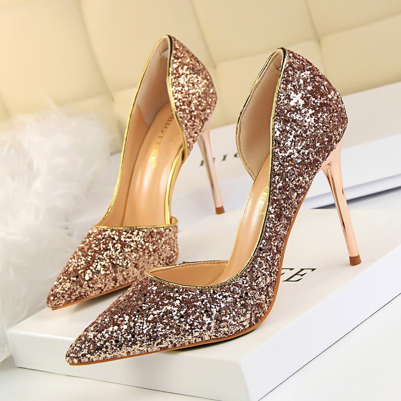868-8 European and American Style Sexy Nightclub Slim Women's Shoes Fine Heel High Heel Shallow Mouth Pointed Side Hollow Sequin Shoes