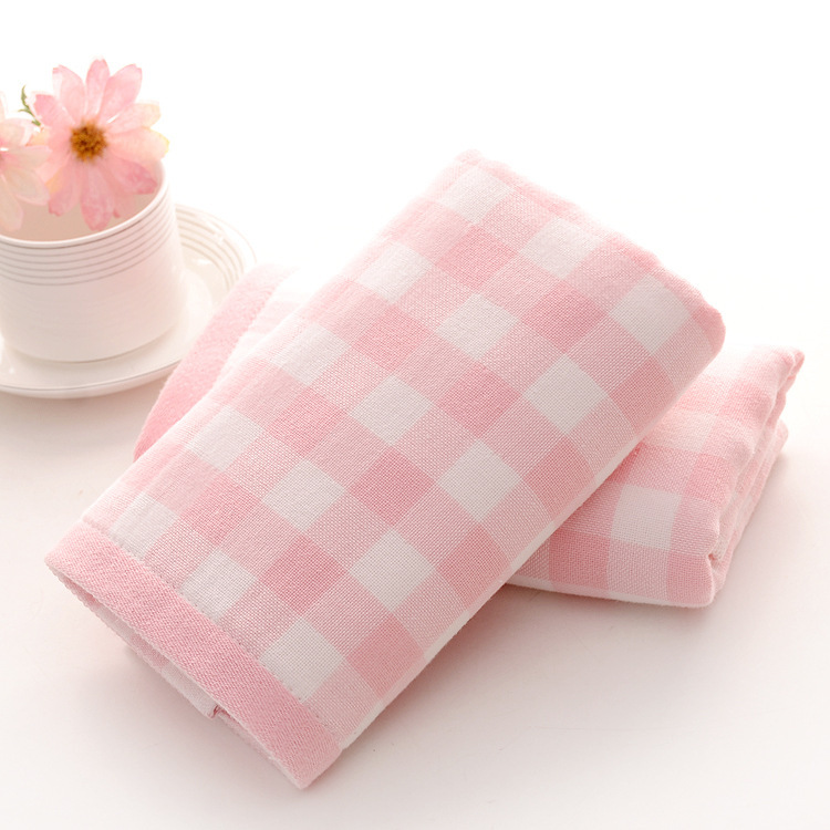 Japanese and Korean Style All-Cotton Plaid Face Towel Double-Layer Gauze Terry Pure Cotton Large Towel Fabric Home Supermarket Wholesale