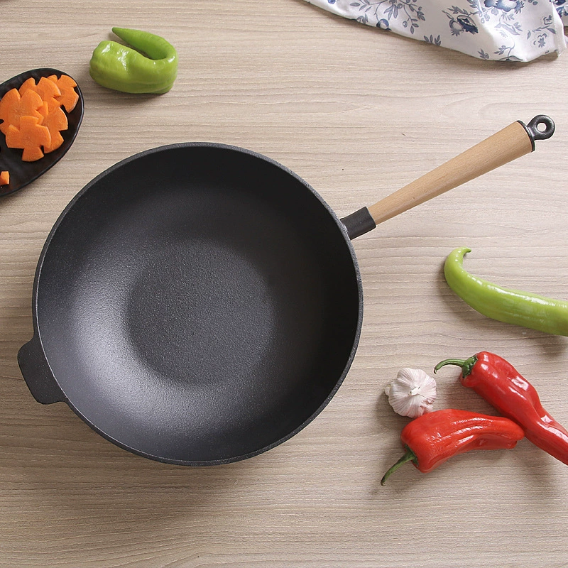Оптовая и розничная продажа чугунных сковородок с ручкой из орехового дерева и сковородкой с покалыванием, не образующей масляного дыма, с утолщенным антипригарным покрытием ручной работы 31