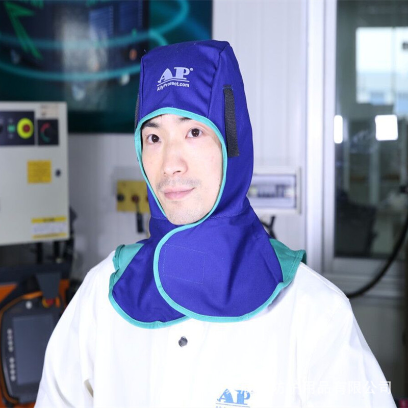 友盟AP-6670蓝色全护式焊帽 防火阻燃布焊接帽 魔术贴帽子批发