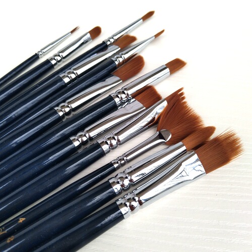 Watercolor oil painting acrylic gouache brush nylon hair 12 set short pole multi-shape brush manufacturer supply