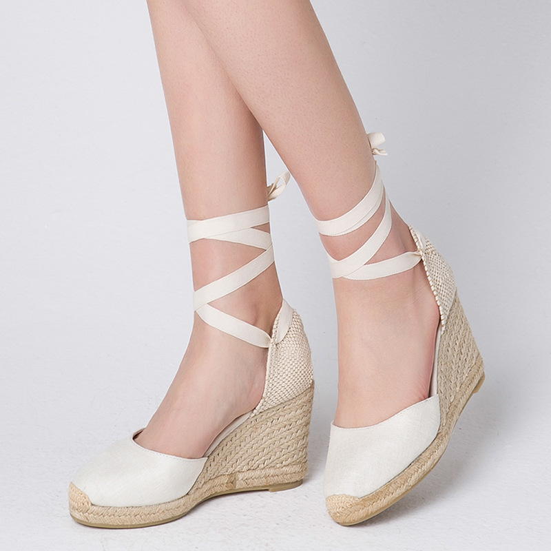 Solid Color Espadrille Lace-Up Wedge Sandals for Women, New Casual Women's High-Heeled Wedge Sandals