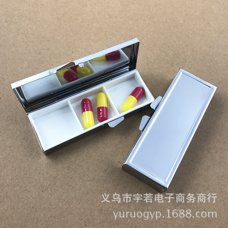 pillbox 长方形三格药丸盒 便携金属药盒 糖果盒 一周药盒