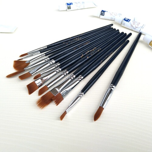 Watercolor oil painting acrylic gouache brush nylon hair 12 set short pole multi-shape brush manufacturer supply