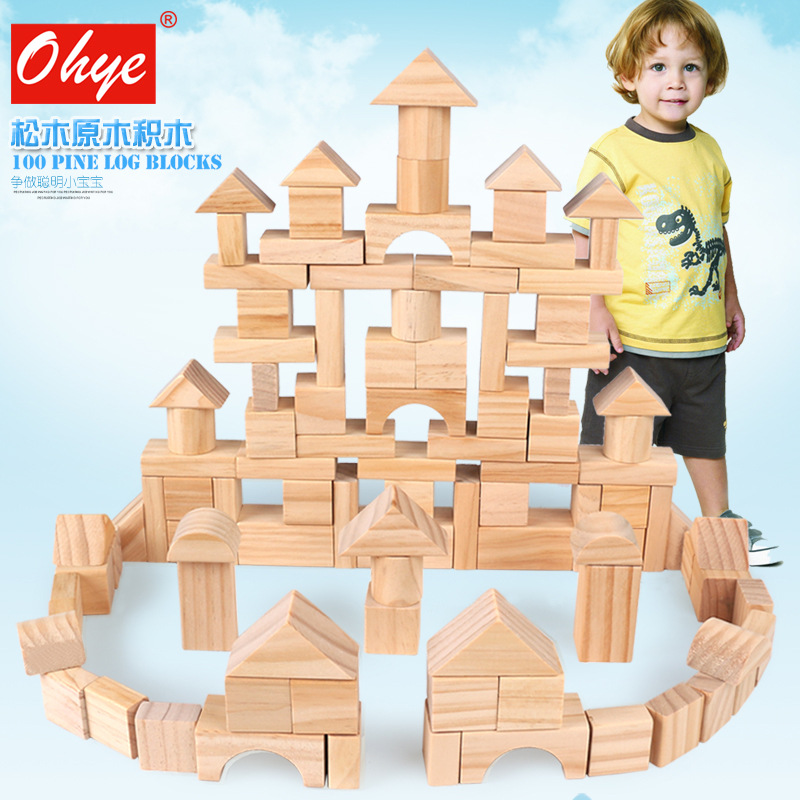 Bloques de construcción de madera 100 piezas, set educativo preescolar, caja de regalo