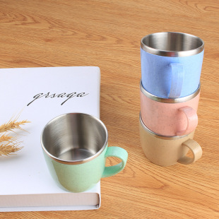 304 Stainless Steel Children's Handle Cup Wheat Element Double-Layer Kindergarten Household Mouth Cup Tableware Drinking Cup