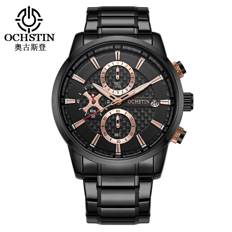 ochstin Foreign Trade Steel Band Men's Chronograph Multi-function Watch Three-eye Calendar Luminous Carbon Fiber Casual Men's Watch