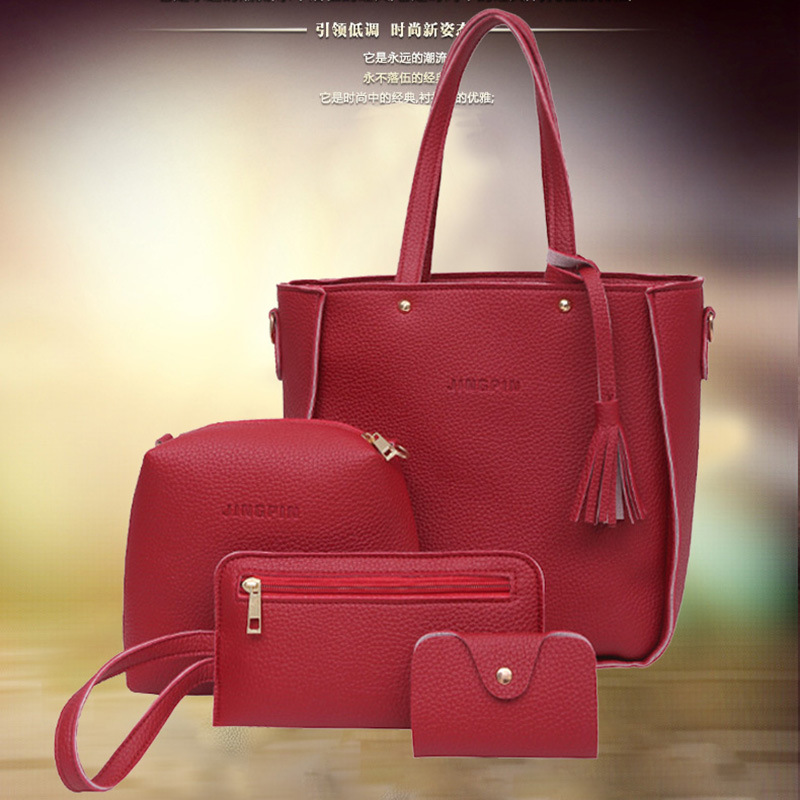 Red Litchi Leather 4-Piece Women's Bag Set