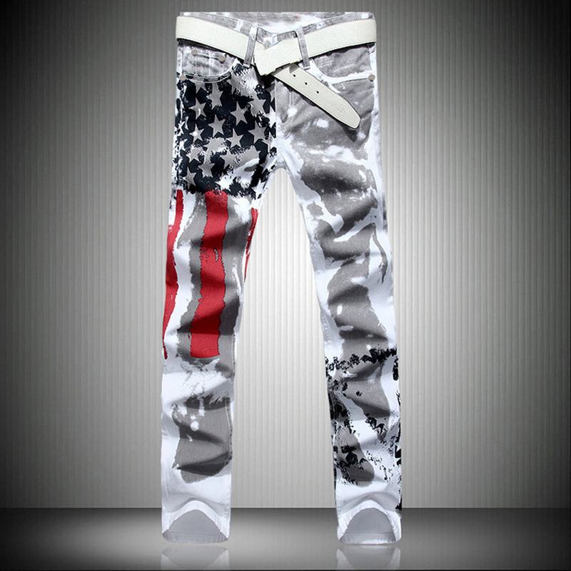 Men's White American Flag Printed Jeans High Stretch Slim-Fit Casual Five-pointed Star Red Strip plus size Trousers