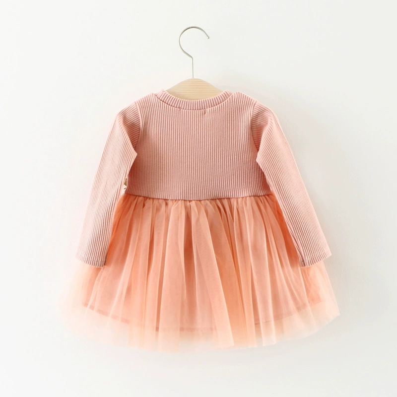 Demi-season long-sleeve dress for girls, floral applique tulle skirt, sizes 70–100