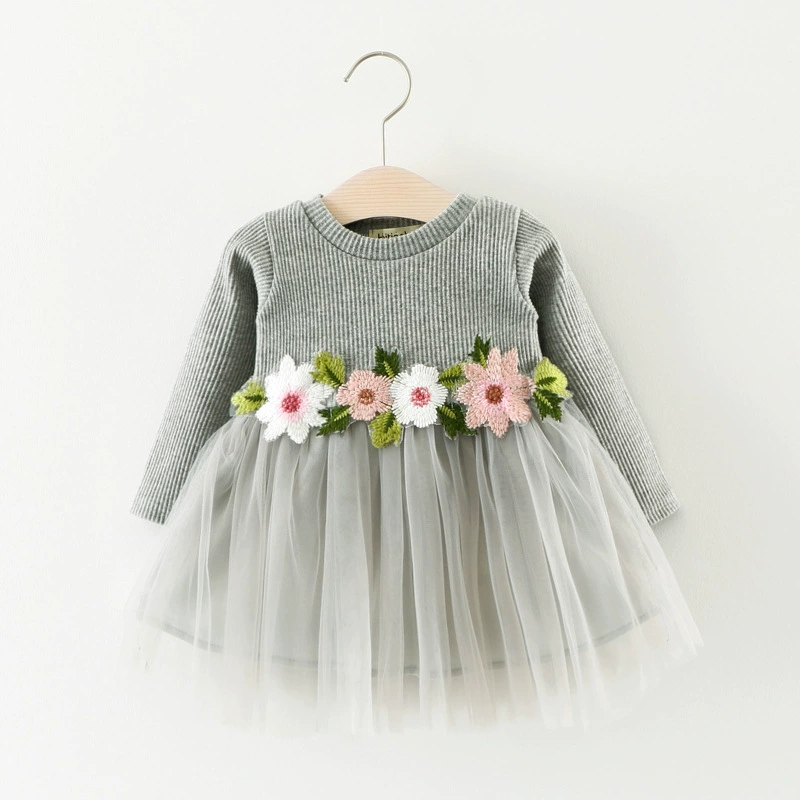 Demi-season long-sleeve dress for girls, floral applique tulle skirt, sizes 70–100
