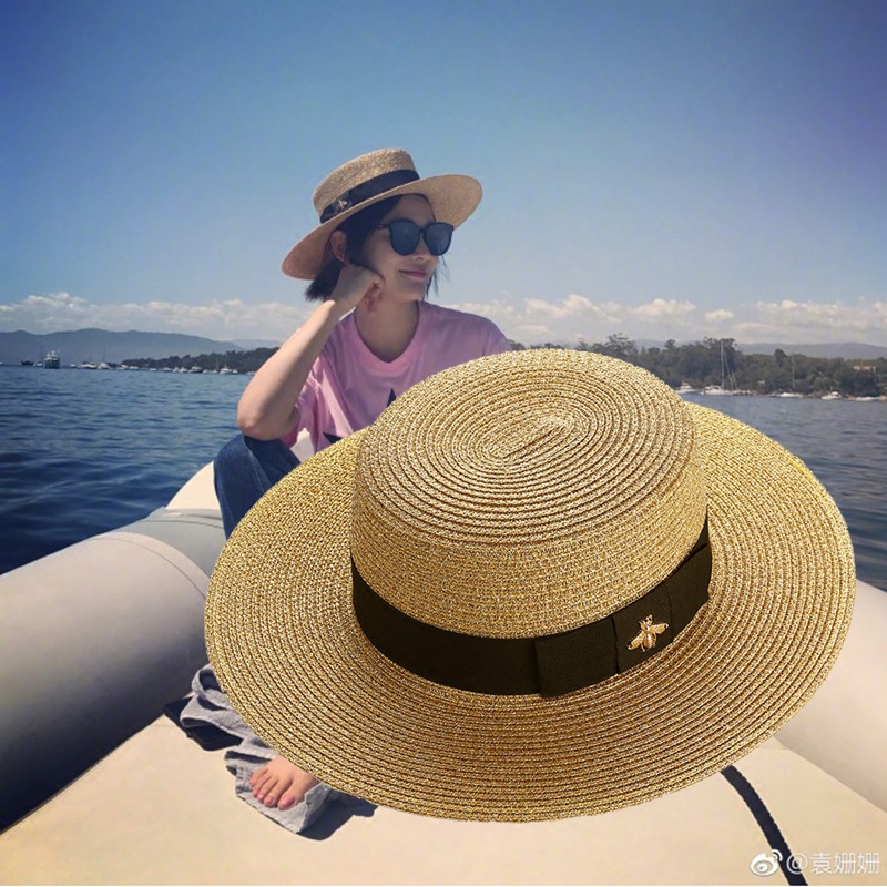 European and American retro gold woven straw hat little bee Ms…