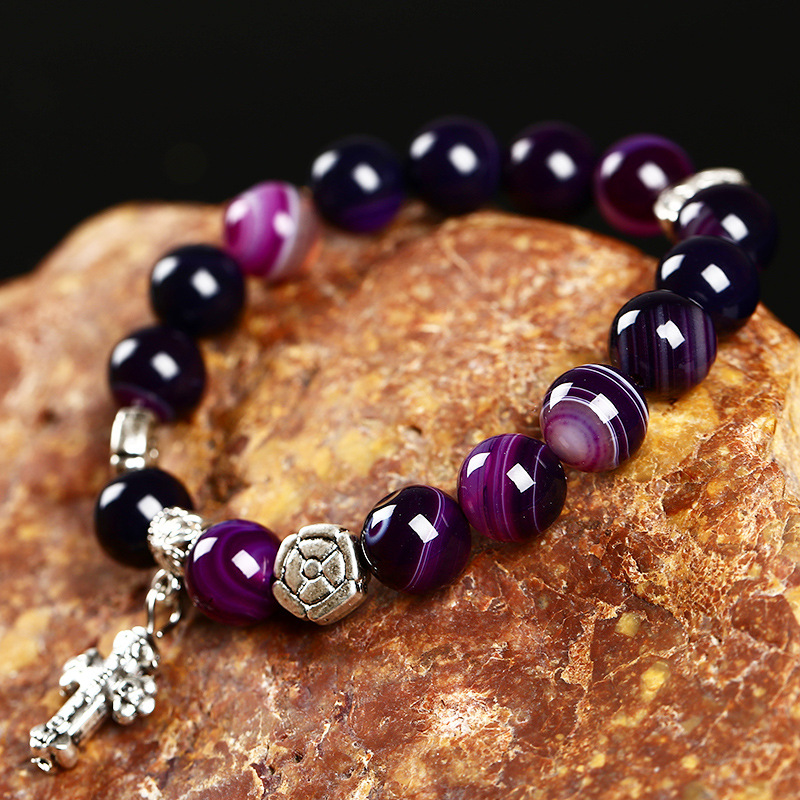 Purple Agate Bracelet for Women with Silver Charm