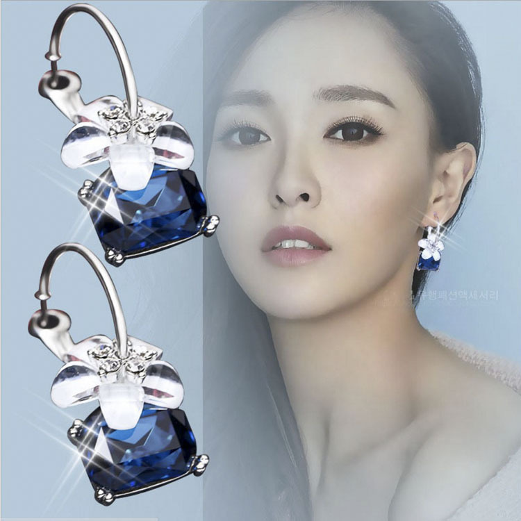 长款花瓣复古圆圈耳环女韩国简约时尚蓝色水晶耳圈夸张个性耳钉饰