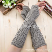 韩版针织毛线半指长款手套 秋冬季女可爱保暖露指袖套折纹长手套