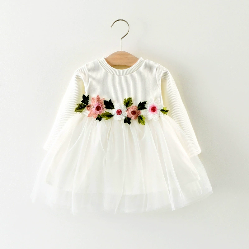 Demi-season long-sleeve dress for girls, floral applique tulle skirt, sizes 70–100