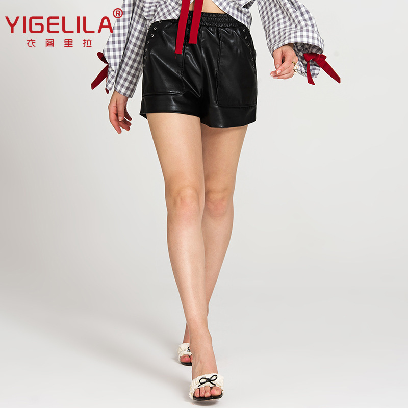 YIGELILA Spring and Summer New Retro High Waist Slimming Black Leather Shorts Casual Pants Women's 5392