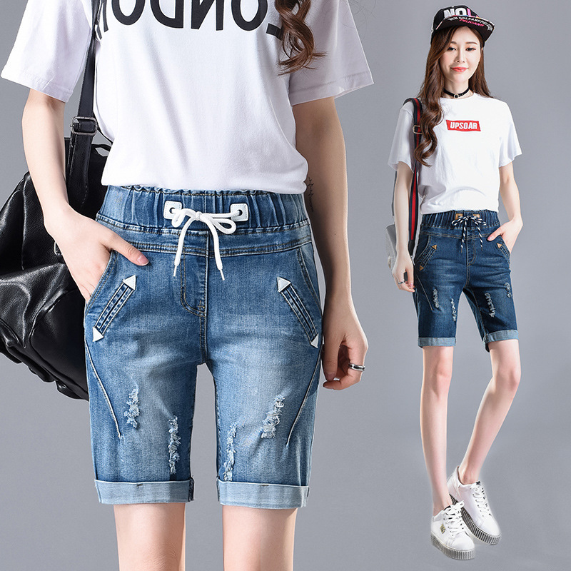 2024 New Summer Elastic Waist High Waist Loose Large Size Fat mm Medium Pants Ripped Curled Denim Shorts Women's Thin Elastic