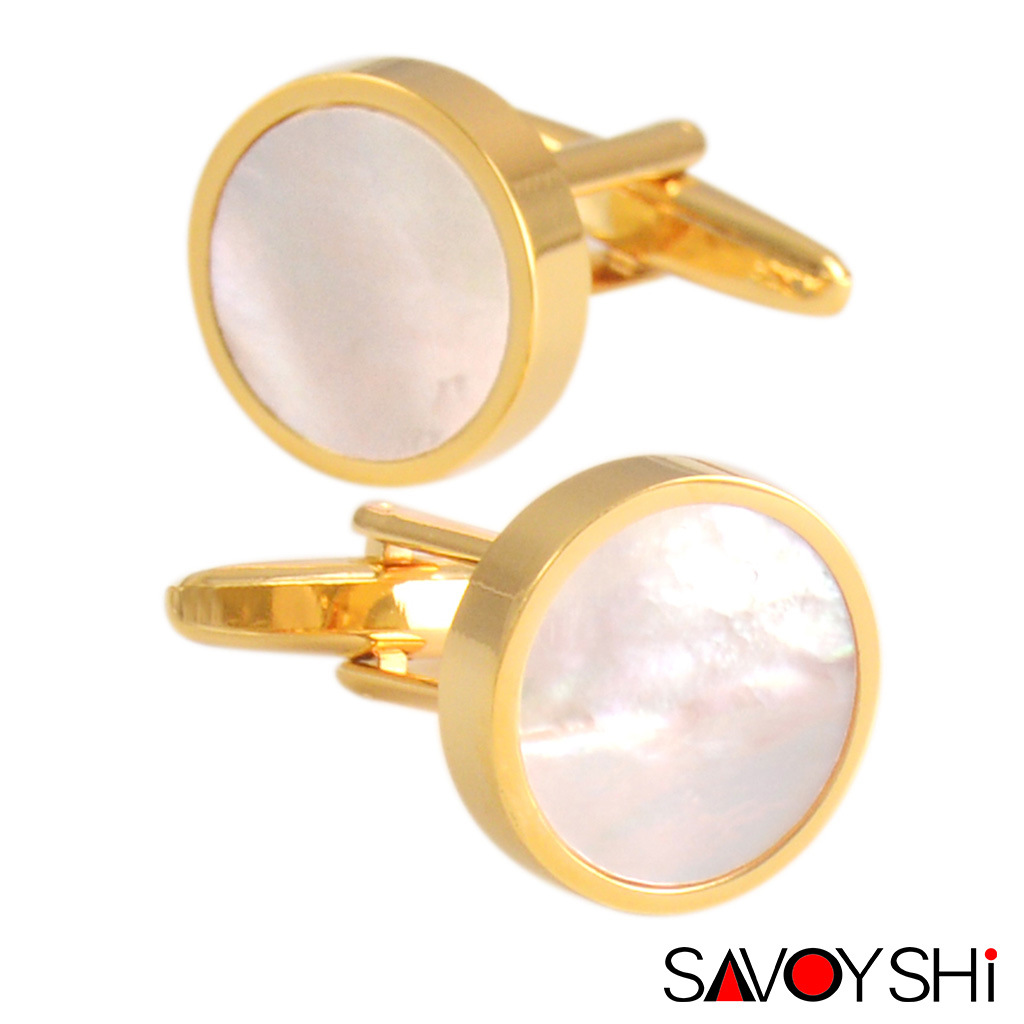 Savoys Brand Round White Shell Cufflinks Men's French Shirt Sleeve Nail Electroplated Real Gold Business Wedding Sleeve Nail