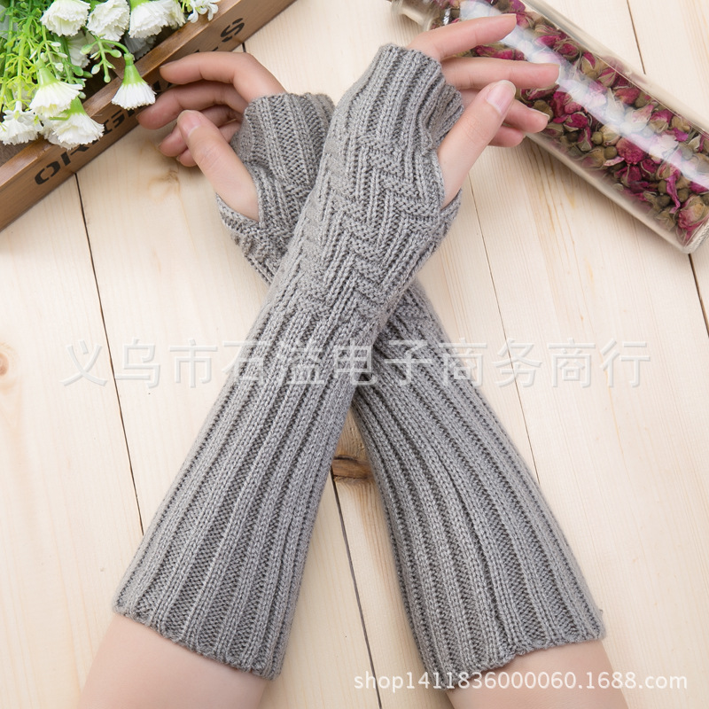 男女通用厂家直销斜条纹手套露指韩国长手套冬季半指手套毛线手套
