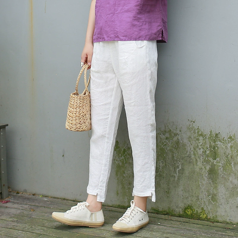 Художественная Женская одежда из хлопка и льна, новинка весны 2020, льняные брюки до щиколотки с эластичной талией, повседневные брюки