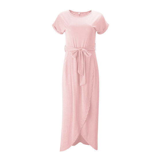 new women's solid color reverse sleeve flat short sleeve round neck irregular dress