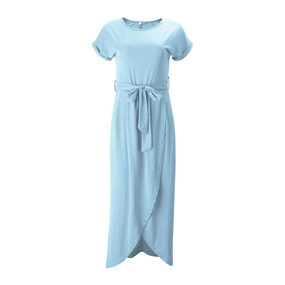 new women's solid color reverse sleeve flat short sleeve round neck irregular dress