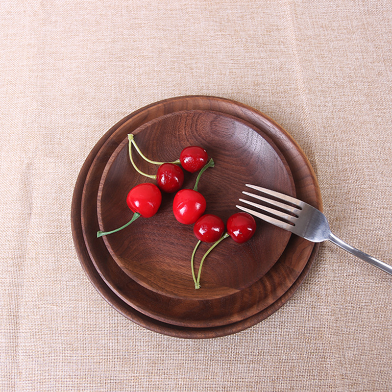 Bandeja de madera Nogal Negro bandeja redonda madera maciza desayuno postre plato de fruta seca merienda plato de madera