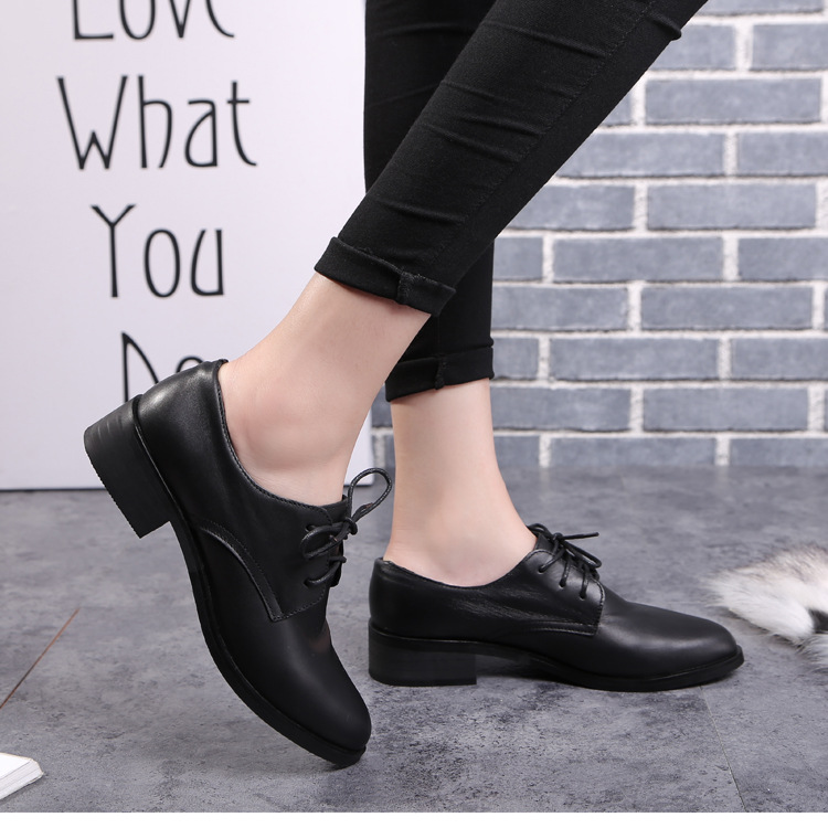 Genuine Leather Shoes For Women,Classic Retro British Style Pointed Toe Lace-ups,Flat Soles,Thick Heels,Women's Leather Shoes,Loafers,Drop Shipping