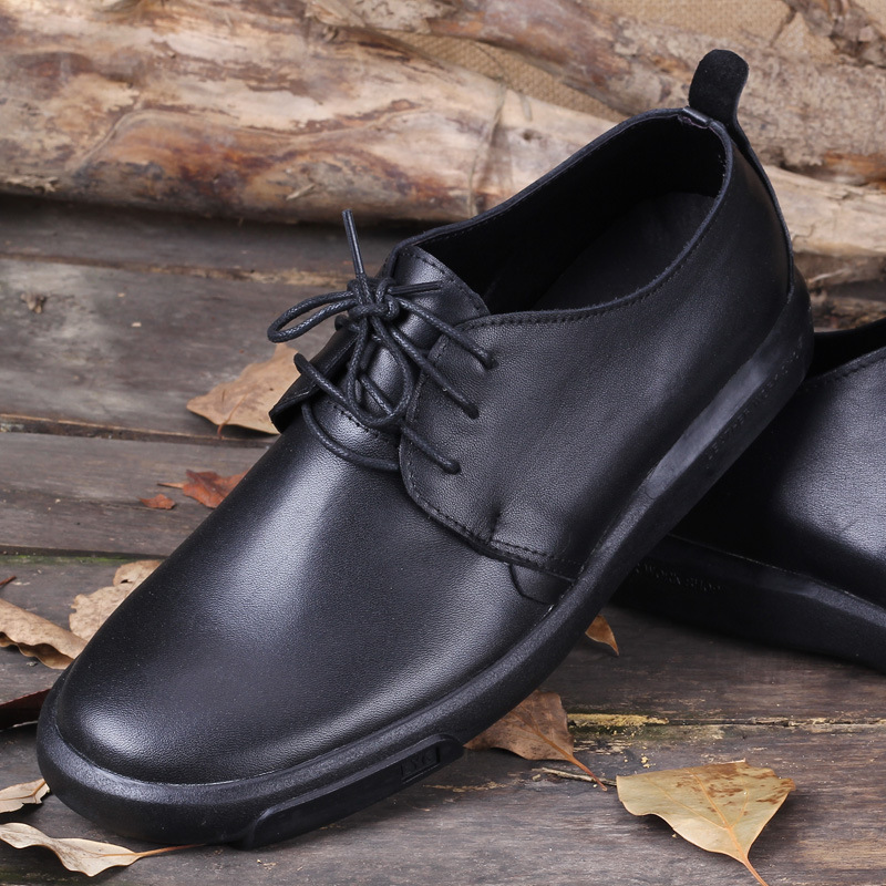 素一人家商务休闲皮鞋男头层牛皮手工男鞋厚底系带圆头软皮透气