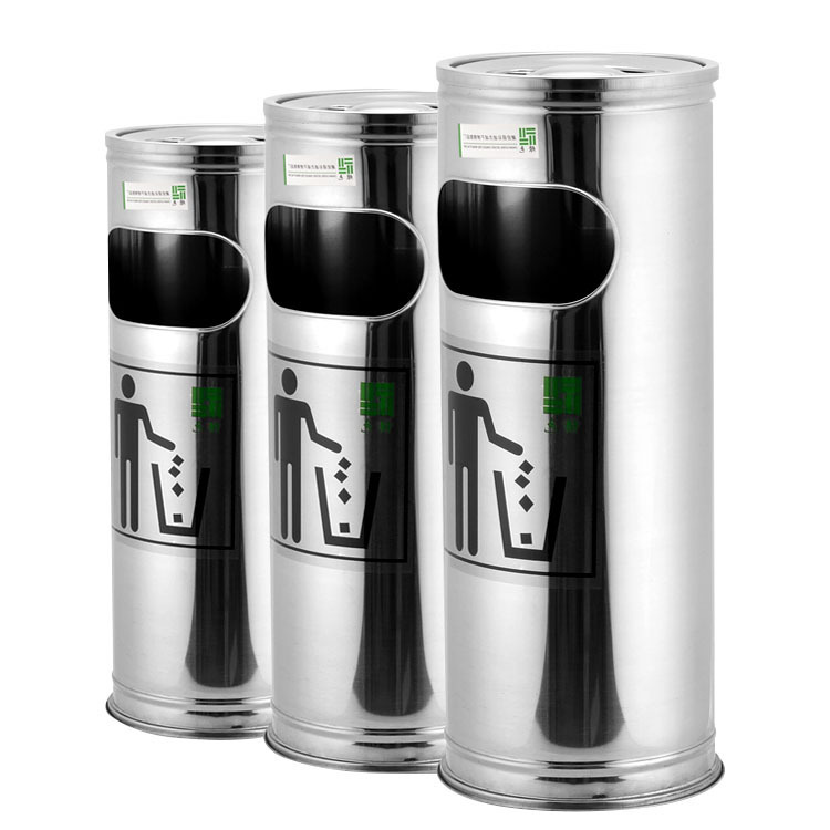 Stainless steel fruit bucket hotel lobby round trash can with ashtray for stairs and elevator entrance