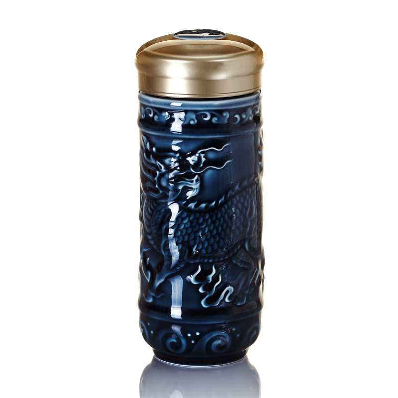 中式伴手礼乾唐轩活瓷杯麒麟献瑞随身杯浮雕工艺年会商务礼品