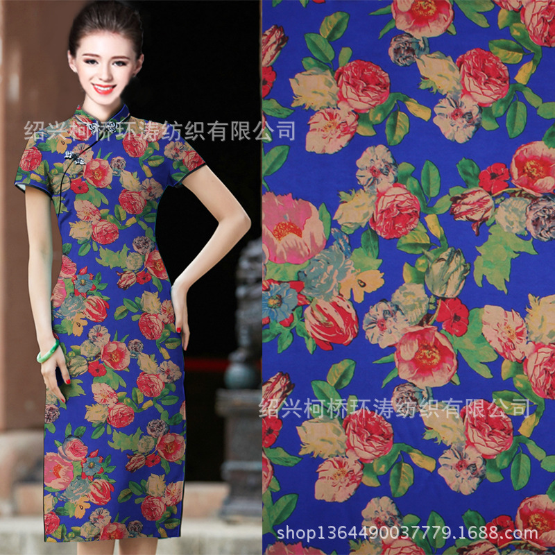 高档数码水印面料修身礼服亚光秋冬款演出走秀旗袍批发