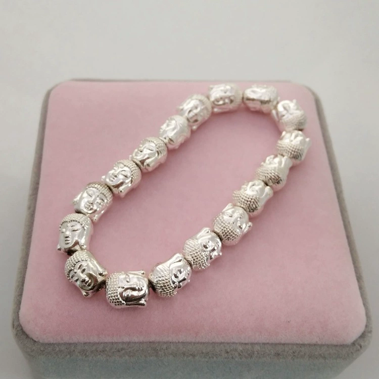 Bracelet Maitreya double-sided Buddha head, 19 cm diameter, ~48 g, silver-white beads