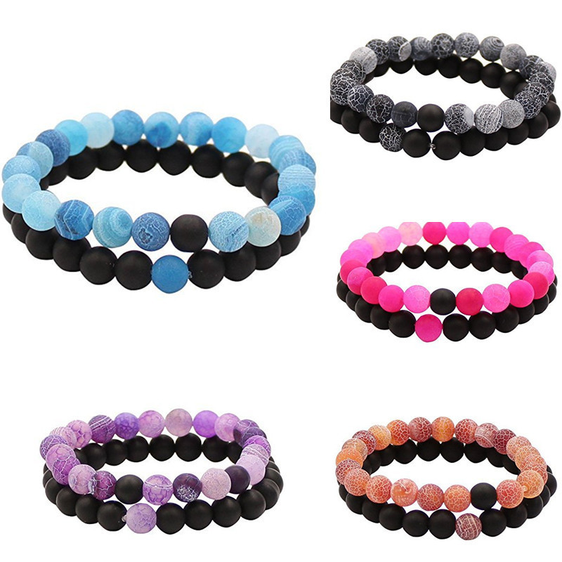 Amazon Cross-border Hand Jewelry Black Frosted Purple Wind Fossil Beaded Bracelet Men's Bracelet Set Couple Bracelet